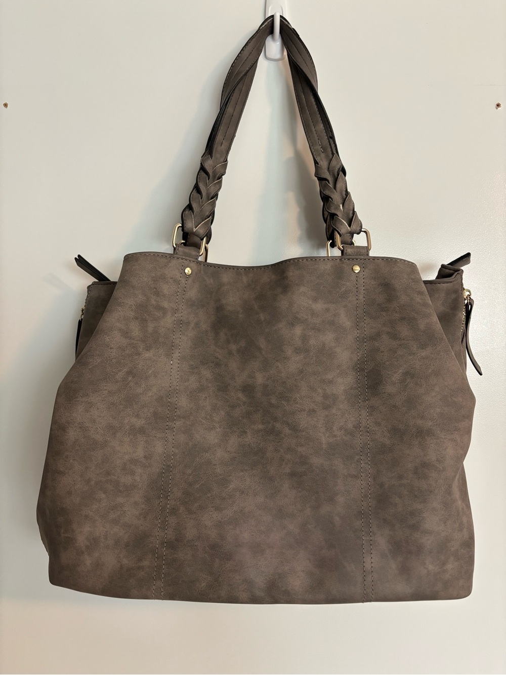 Everyday Faux Leather Braided-Handle Shoulder Bag in Lived In Gray Casual Purse